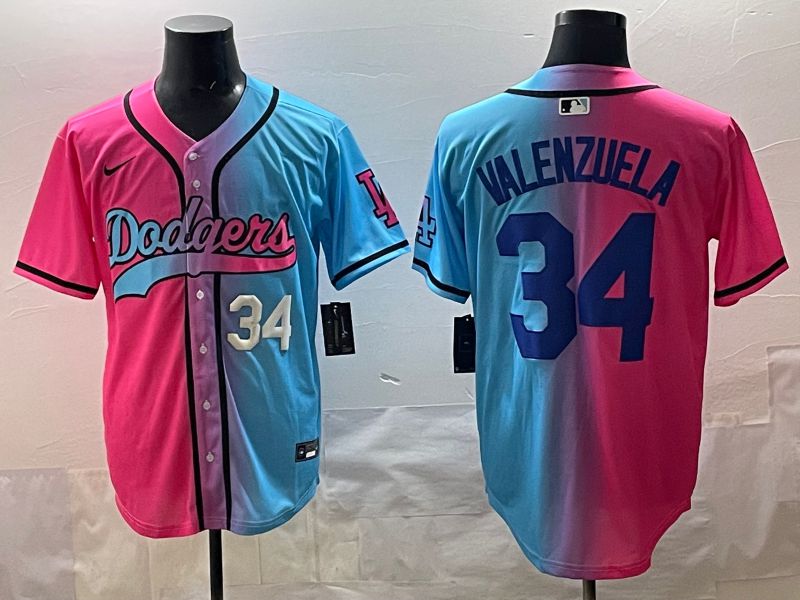 Men 2025 Los Angeles Dodgers #34 Valenzuela Blue pink Game Nike MLB Jersey style 03->los angeles dodgers->MLB Jersey